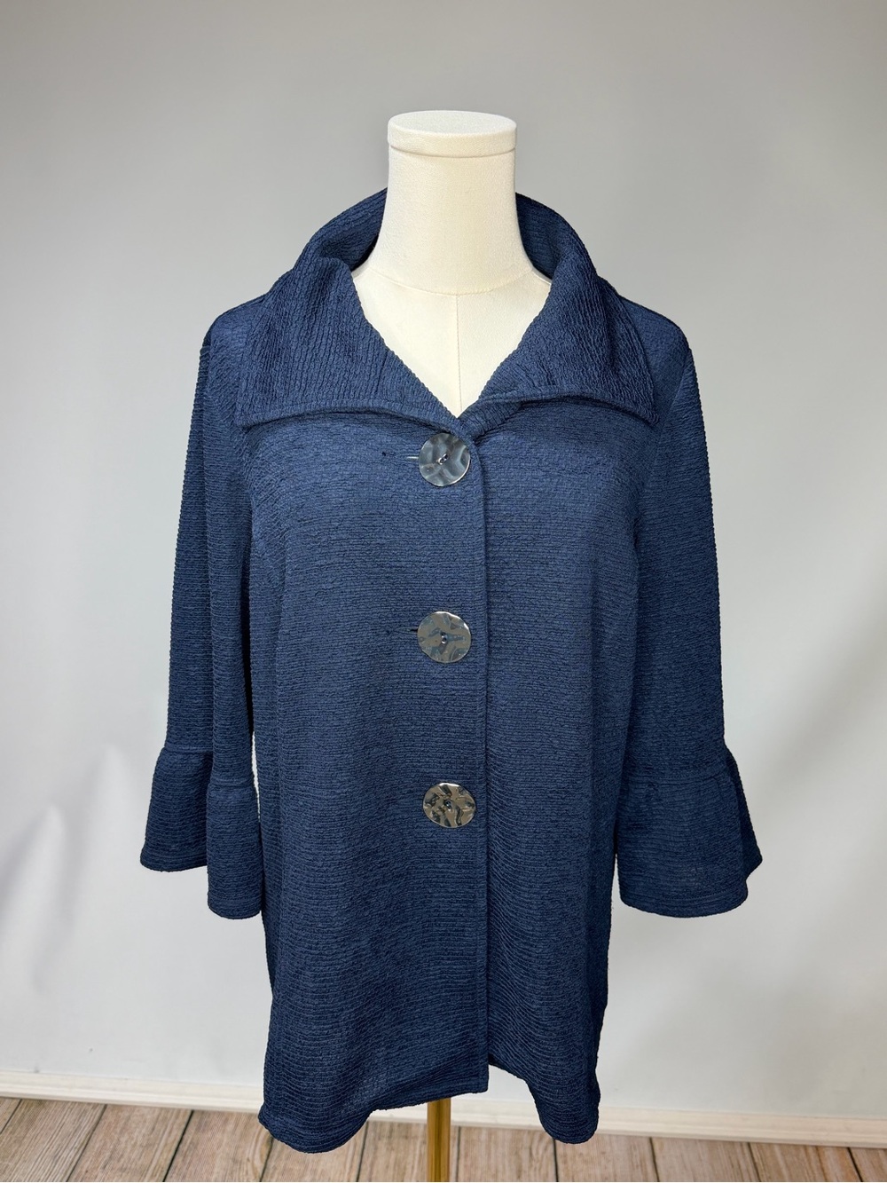 JM Collection Navy Textured Buttoned Jacket with Ruffle Sleeves - Picture 2 of 6
